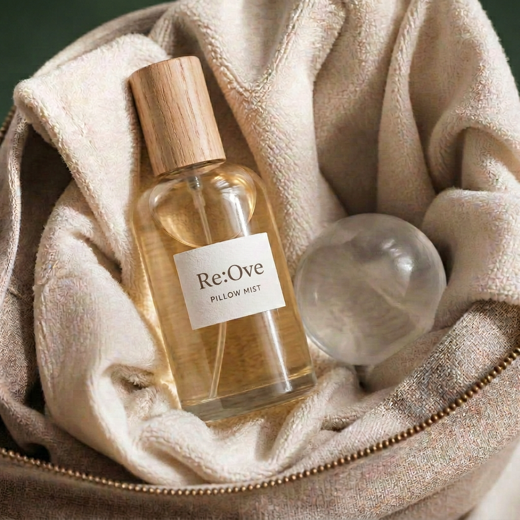 Re:Ove pillow mist and stress ball nestled in soft towels